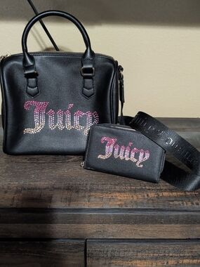 Juicy Couture Black Satchel and Matching Wallet with Pink-Gold Crystal Logo